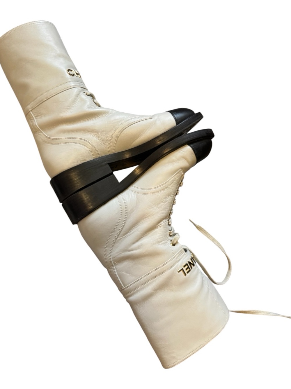 CHANEL Grey black Leather Lace-Up Boots with Black Cap Toe and Gold Logo Strap - Picture 9 of 16